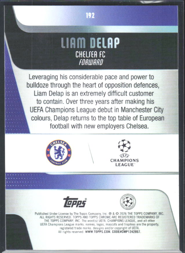 Liam Delap 2025-26 Chrome UEFA #192 – baksida