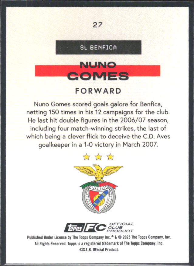 Nuno Gomes 2025-26 SL Benfica Team Set Bona Fide Baller #27 – baksida