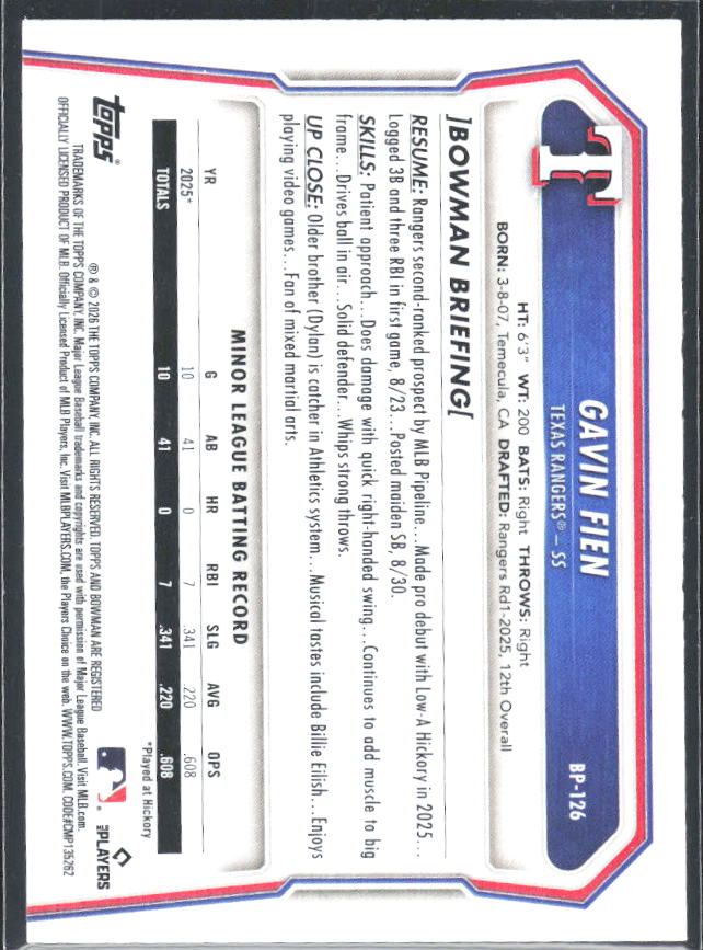 Gavin Fien 2026 Bowman Prospects #BP-126 – baksida