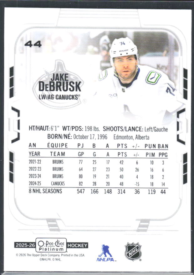 Jake DeBrusk 2025-26 O-Pee-Chee Platinum #44 – baksida