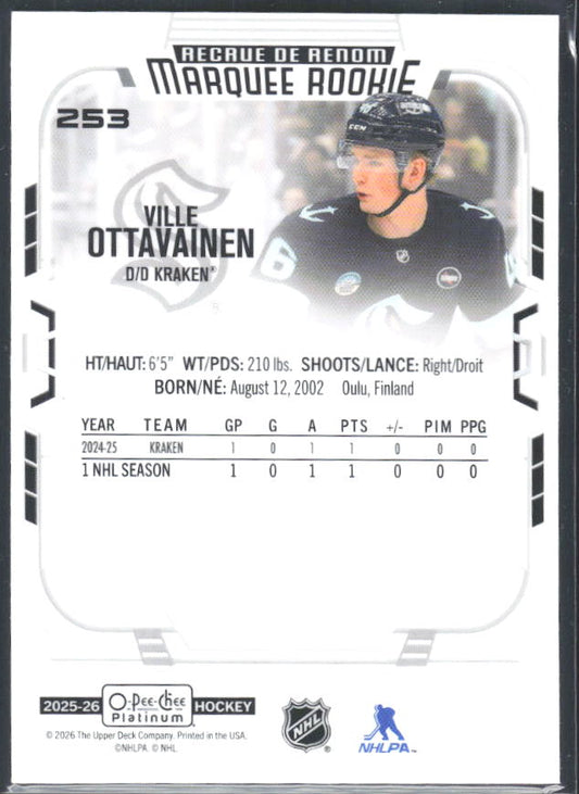 Ville Ottavainen 2025-26 O-Pee-Chee Platinum Marquee Rookie #253 – baksida
