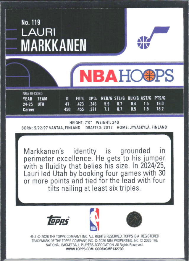 Lauri Markkanen 2025-26 NBA Hoops #119 – baksida