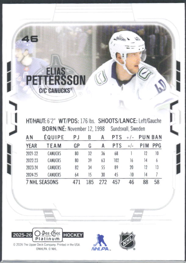 Elias Pettersson 2025-26 O-Pee-Chee Platinum #46 – baksida