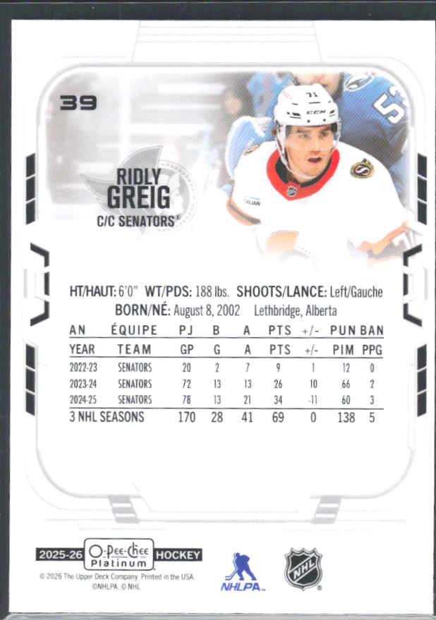 Ridly Greig 2025-26 O-Pee-Chee Platinum #39 – baksida