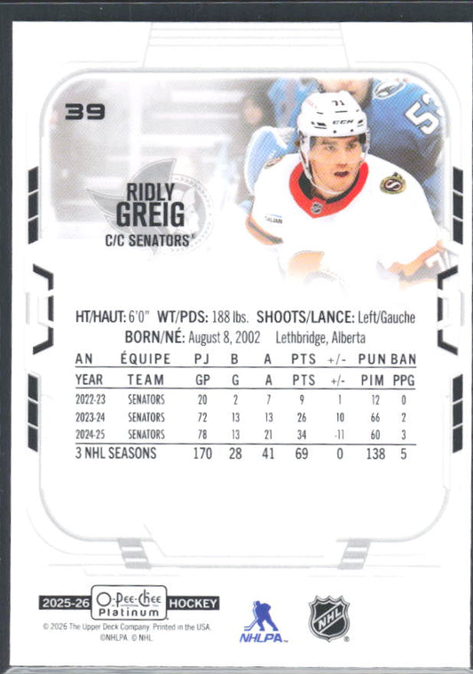 Ridly Greig 2025-26 O-Pee-Chee Platinum #39 – baksida