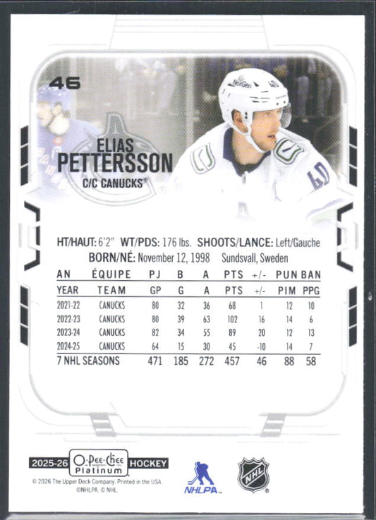 Elias Pettersson 2025-26 O-Pee-Chee Platinum #46 – baksida