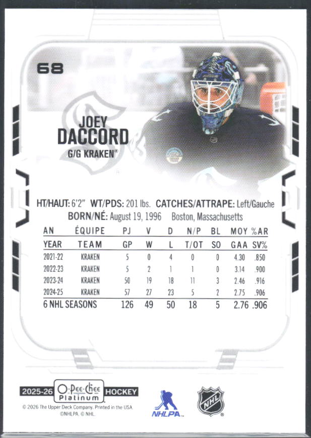 Joey Daccord 2025-26 O-Pee-Chee Platinum #68 – baksida