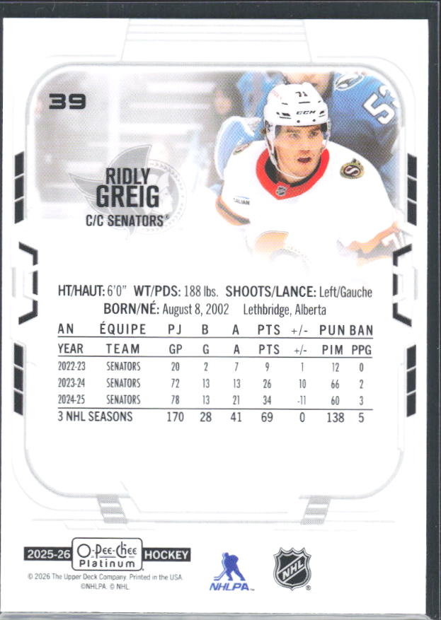 Ridly Greig 2025-26 O-Pee-Chee Platinum #39 – baksida
