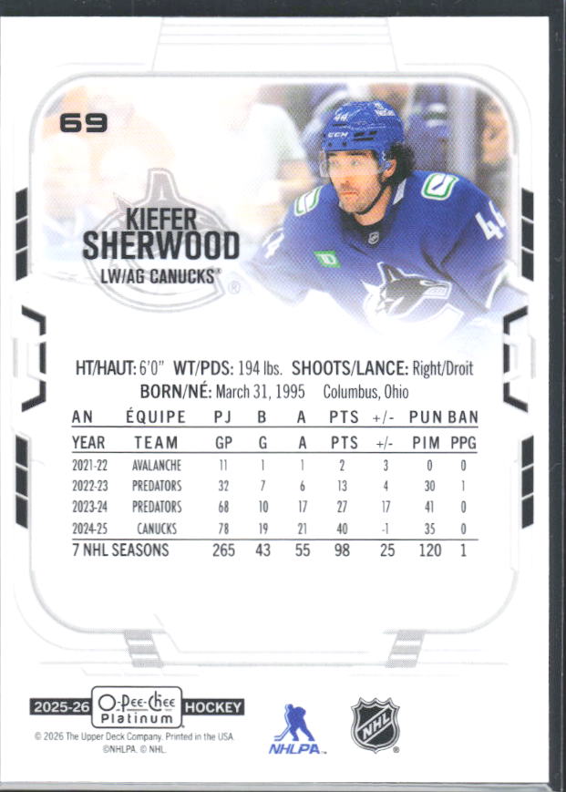 Kiefer Sherwood 2025-26 O-Pee-Chee Platinum #69 – baksida