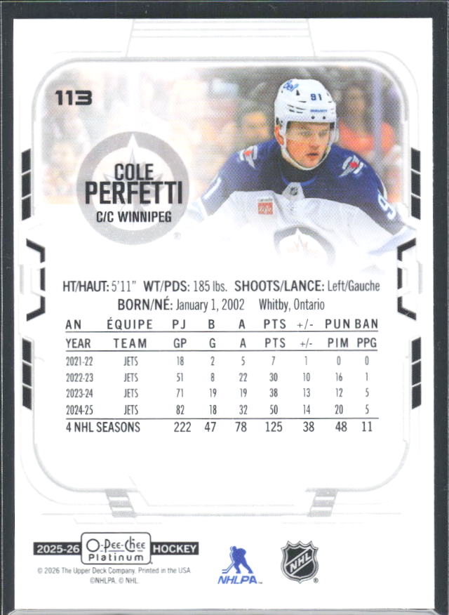 Cole Perfetti 2025-26 O-Pee-Chee Platinum #113 – baksida