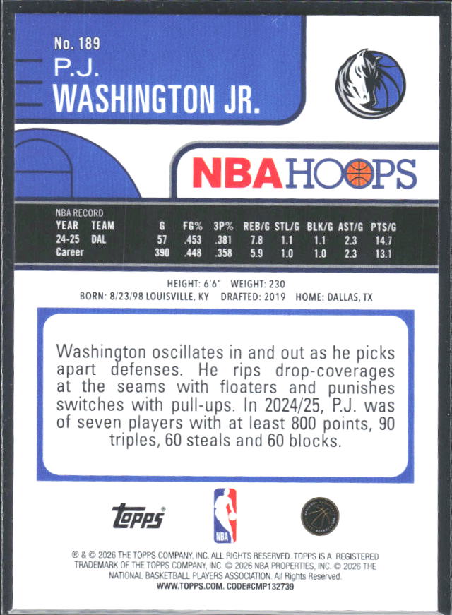 P.J. Washington Jr. 2025-26 NBA Hoops #189 – baksida