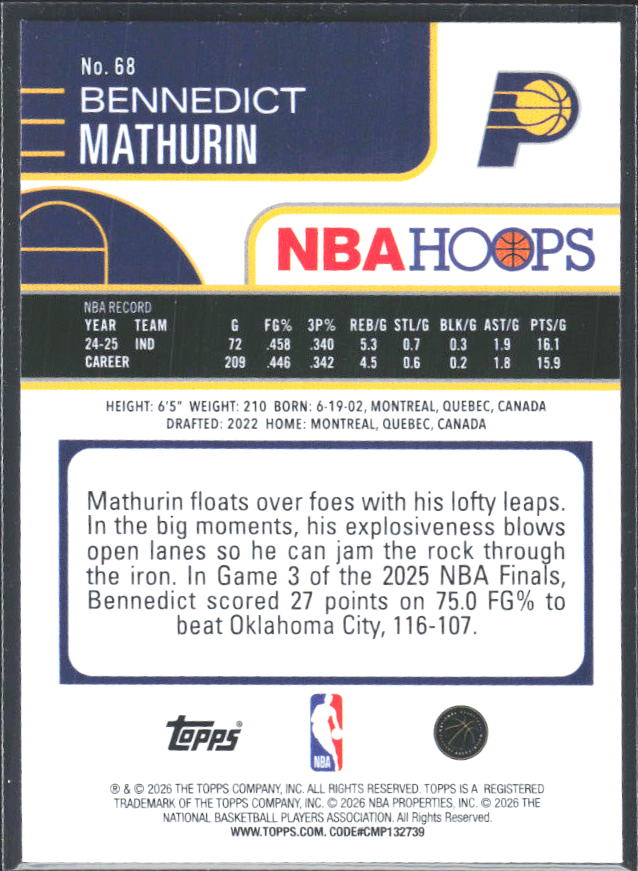 Bennedict Mathurin 2025-26 NBA Hoops #68 – baksida