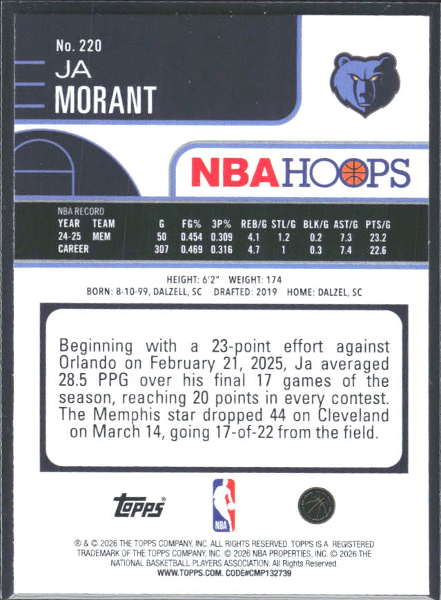 Ja Morant 2025-26 NBA Hoops #220 – baksida