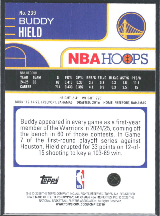 Buddy Hield 2025-26 NBA Hoops #239 – baksida