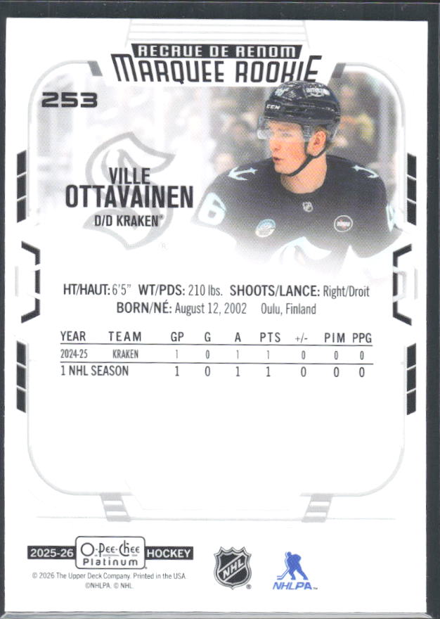 Ville Ottavainen 2025-26 O-Pee-Chee Platinum Marquee Rookie #253 – baksida