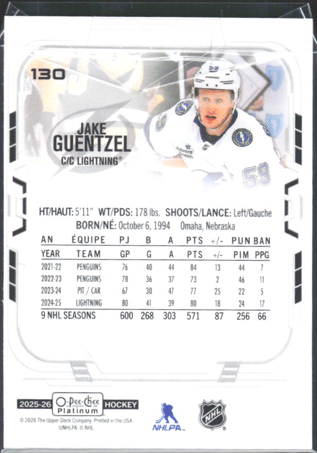 Jake Guentzel 2025-26 O-Pee-Chee Platinum #130 – baksida