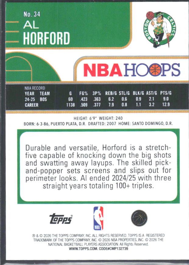 Al Horford 2025-26 NBA Hoops #34 – baksida