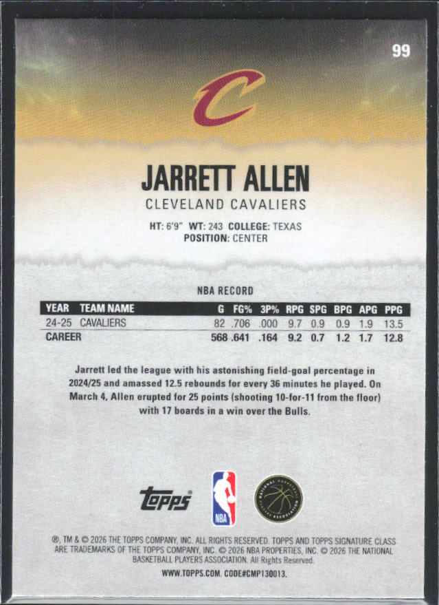 Jarrett Allen 2025-26 Signature Class #99 – baksida