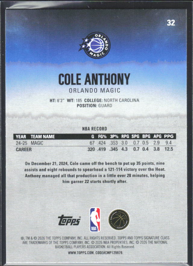 Cole Anthony 2025-26 Signature Class #32 – baksida