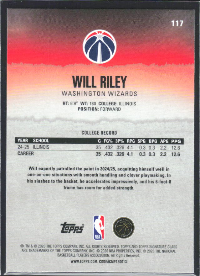 Will Riley 2025-26 Signature Class RC #117 – baksida
