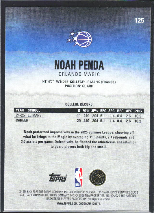 Noah Penda 2025-26 Signature Class RC #125 – baksida