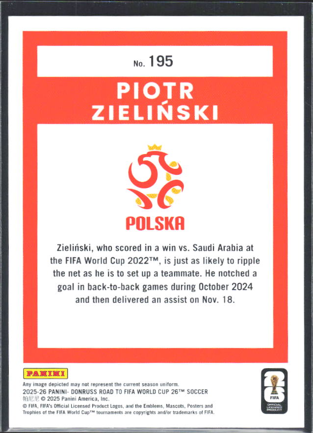 Piotr Zieliński 2025-26 Donruss Road to FIFA WC #195 – baksida