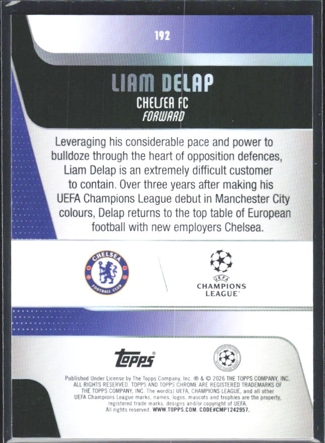 Liam Delap 2025-26 Chrome UEFA #192 – baksida