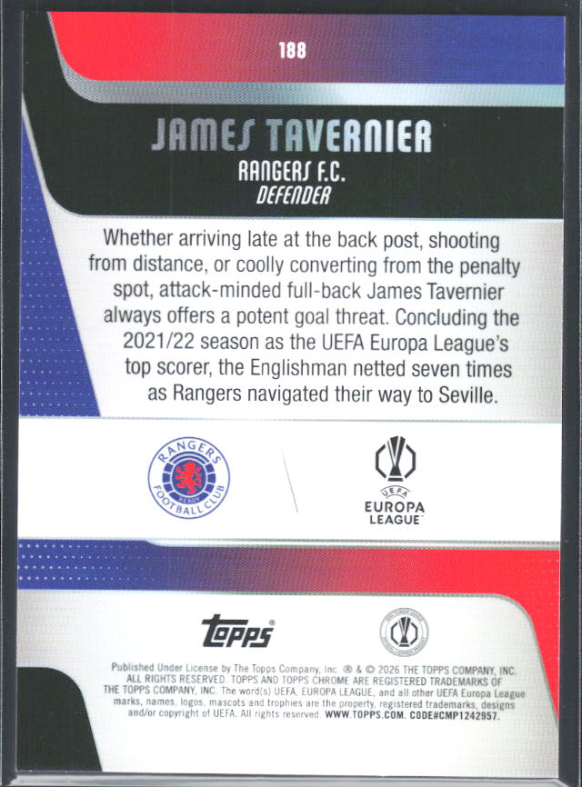 James Tavernier 2025-26 Chrome UEFA #188 – baksida