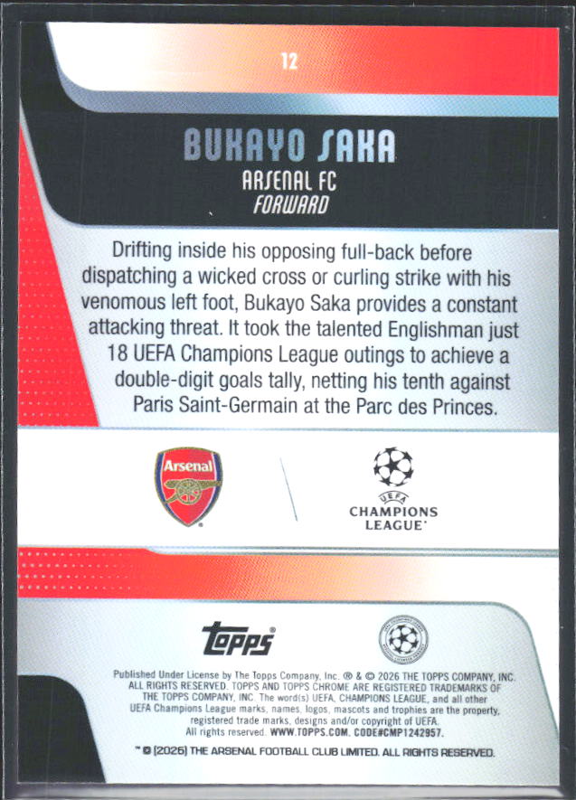 Bukayo Saka 2025-26 Chrome UEFA #12 – baksida