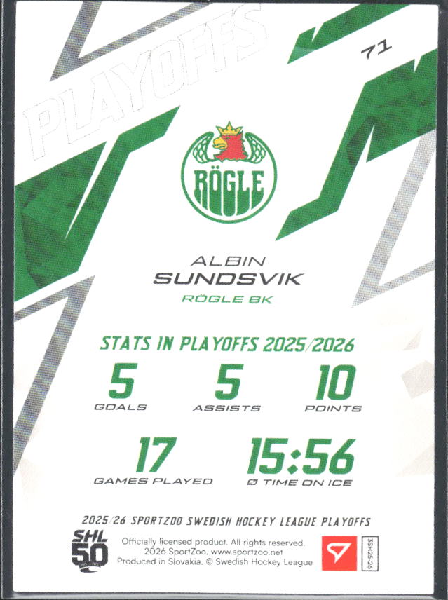 Albin Sundsvik 2025-26 SHL Playoffs #71 – baksida