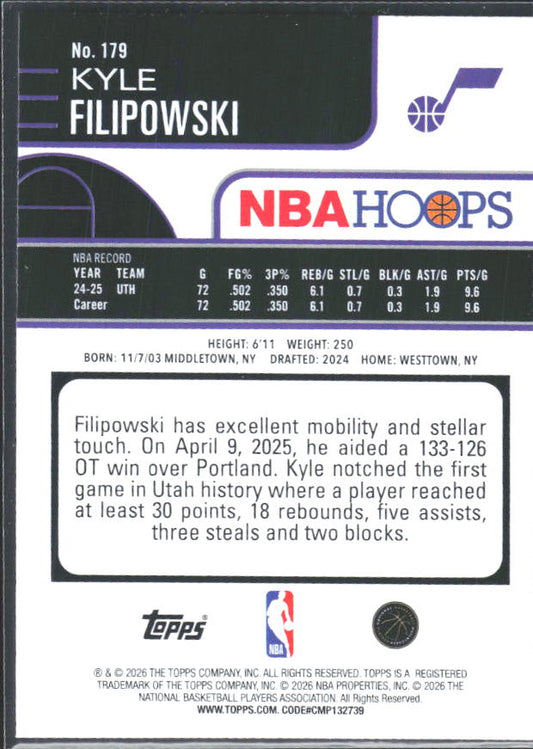 Kyle Filipowski 2025-26 NBA Hoops #179 – baksida