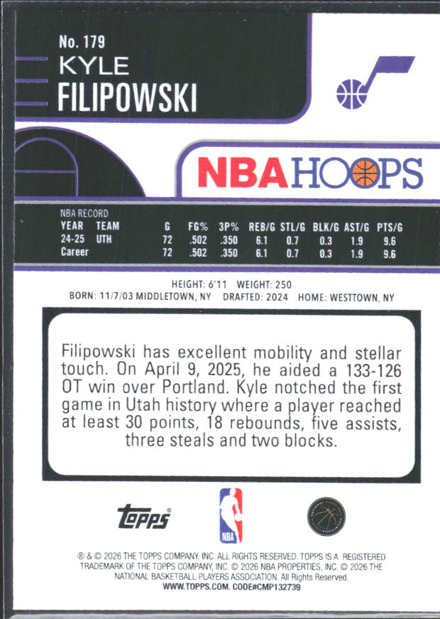Kyle Filipowski 2025-26 NBA Hoops #179 – baksida