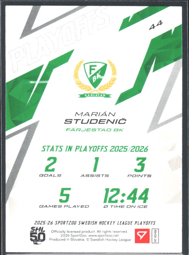 Marián Studenič 2025-26 SHL Playoffs #44 – baksida