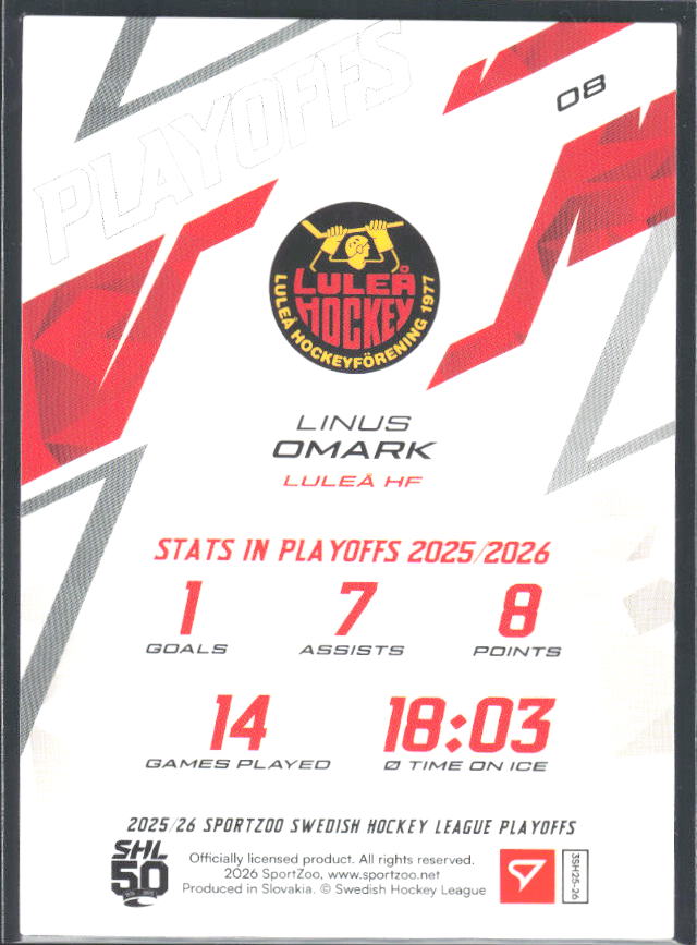 Linus Omark 2025-26 SHL Playoffs #08 – baksida