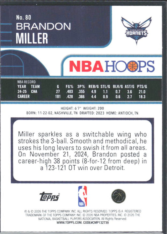 Brandon Miller 2025-26 NBA Hoops #80 – baksida