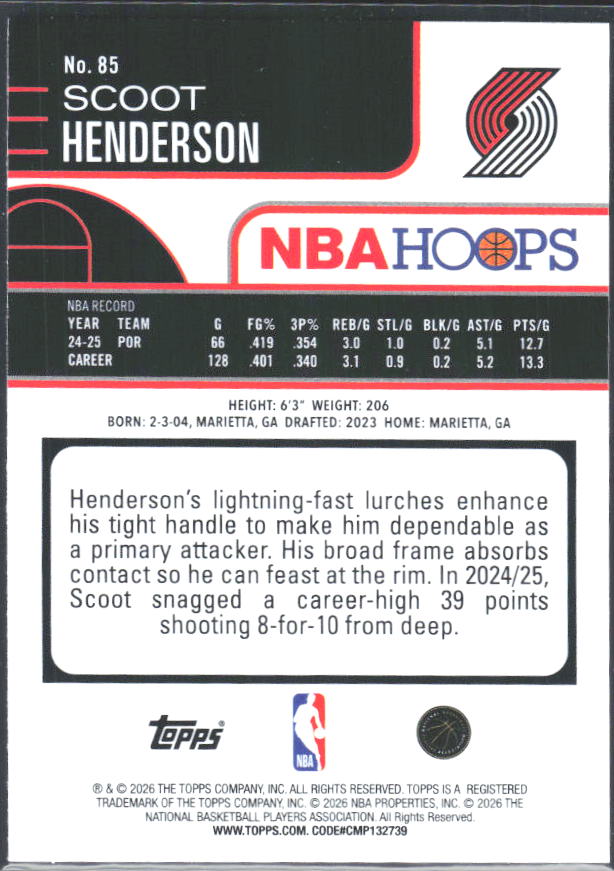 Scoot Henderson 2025-26 NBA Hoops #85 – baksida