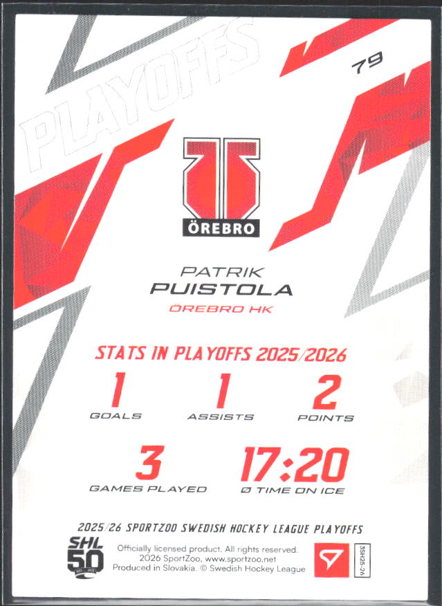 Patrik Puistola 2025-26 SHL Playoffs #78 – baksida