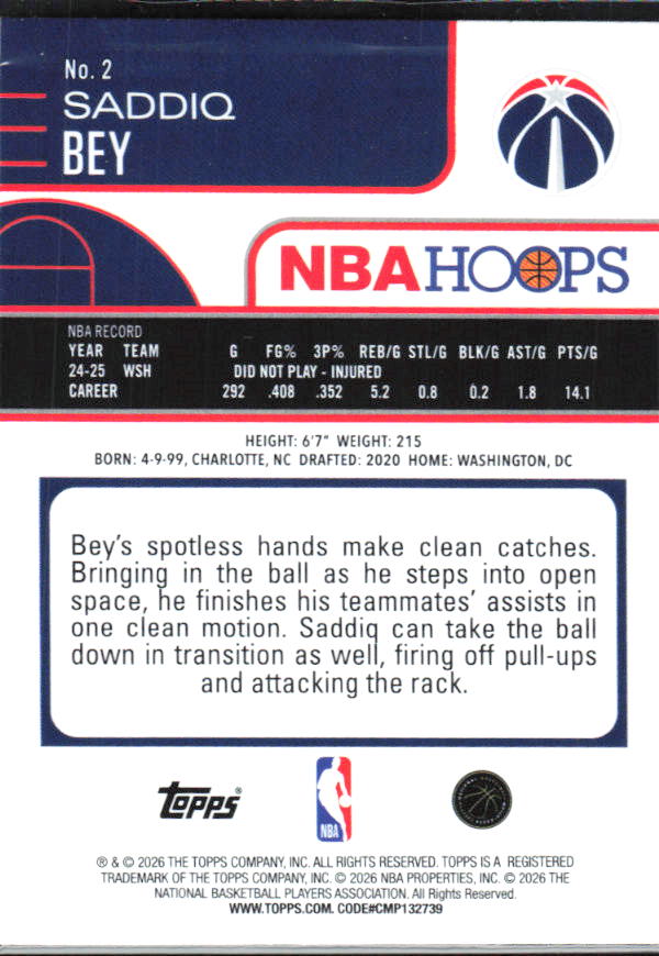 Saddiq Bey 2025-26 NBA Hoops #2 – baksida