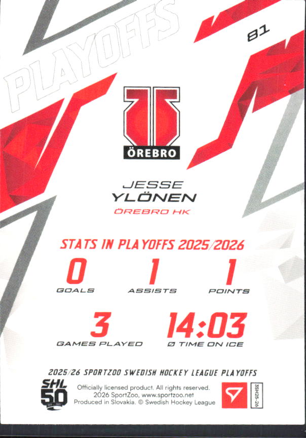 Jesse Ylönen 2025-26 SHL Playoffs #81 – baksida