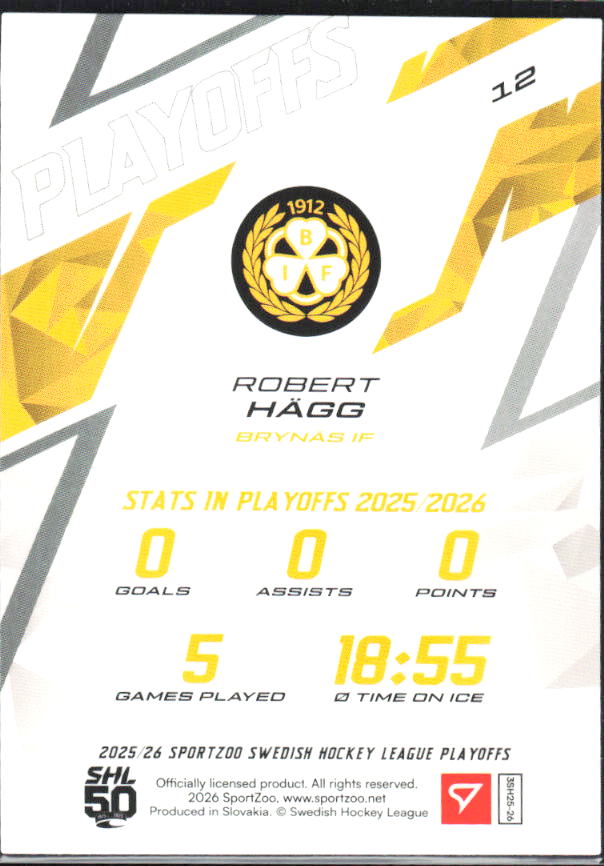 Robert Hägg 2025-26 SHL Playoffs #12 – baksida