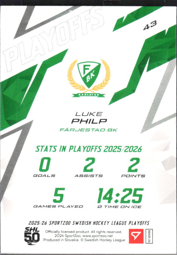 Luke Philp 2025-26 SHL Playoffs #43 – baksida