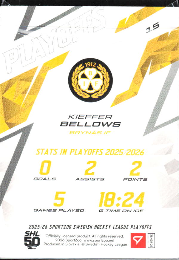 Kieffer Bellows 2025-26 SHL Playoffs #15 – baksida