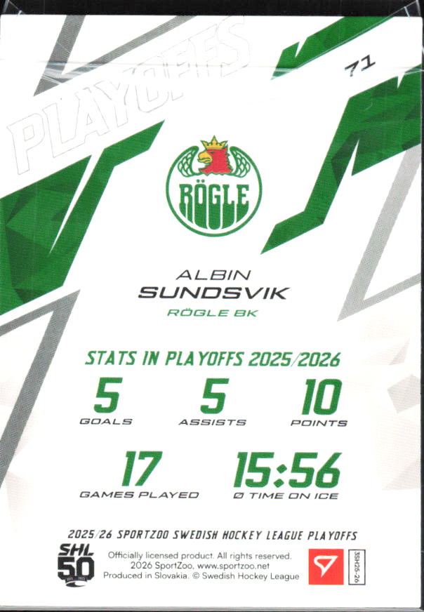 Albin Sundsvik 2025-26 SHL Playoffs #71 – baksida