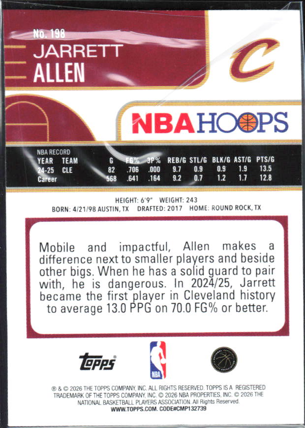 Jarrett Allen 2025-26 NBA Hoops #198 – baksida