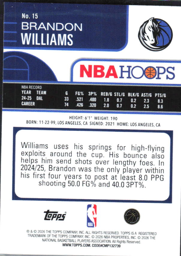 Brandon Williams 2025-26 NBA Hoops #15 – baksida