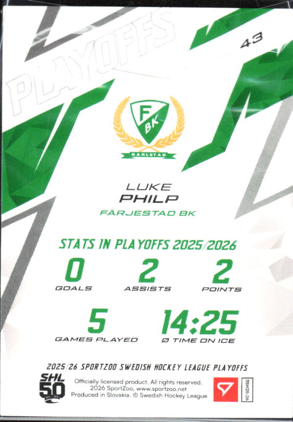 Luke Philp 2025-26 SHL Playoffs #43 – baksida
