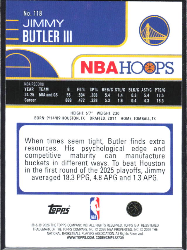 Jimmy Butler III 2025-26 NBA Hoops #118 – baksida