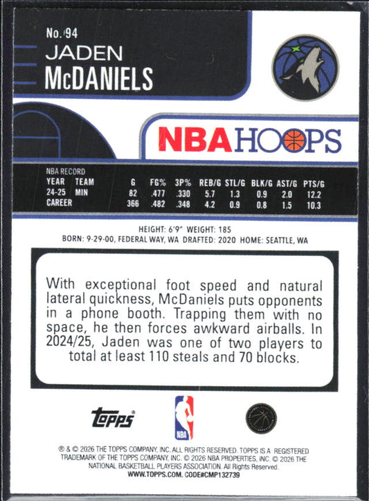 Jaden McDaniels 2025-26 NBA Hoops #94 – baksida