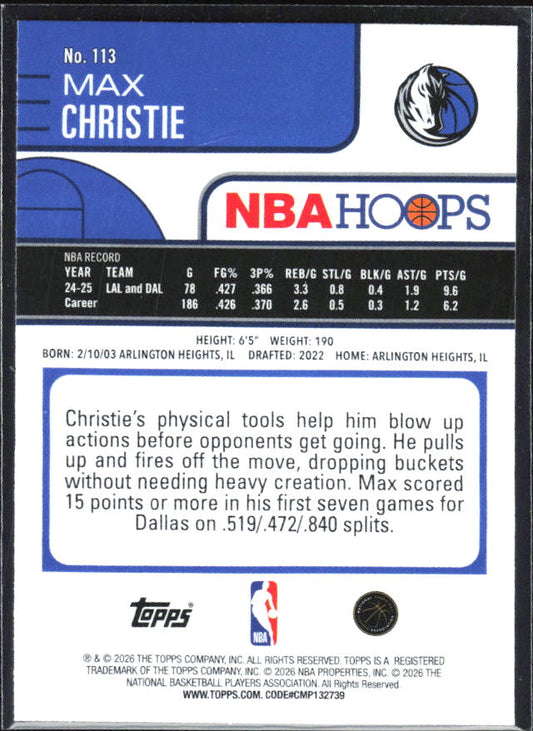 Max Christie 2025-26 NBA Hoops #113 – baksida
