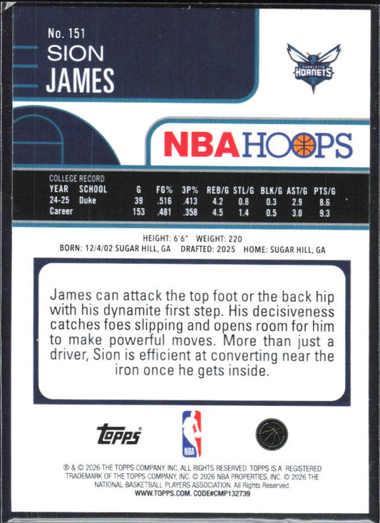 Sion James 2025-26 NBA Hoops RC #151 – baksida